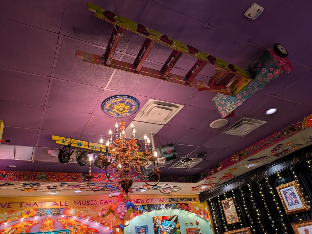 Mardi Gras ladders hanging from the ceiling