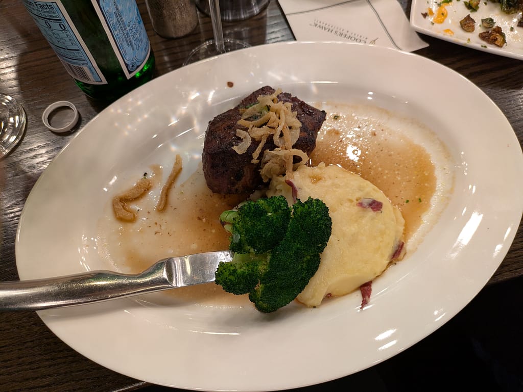 Filet Mignon, mashed potatoes and broccoli