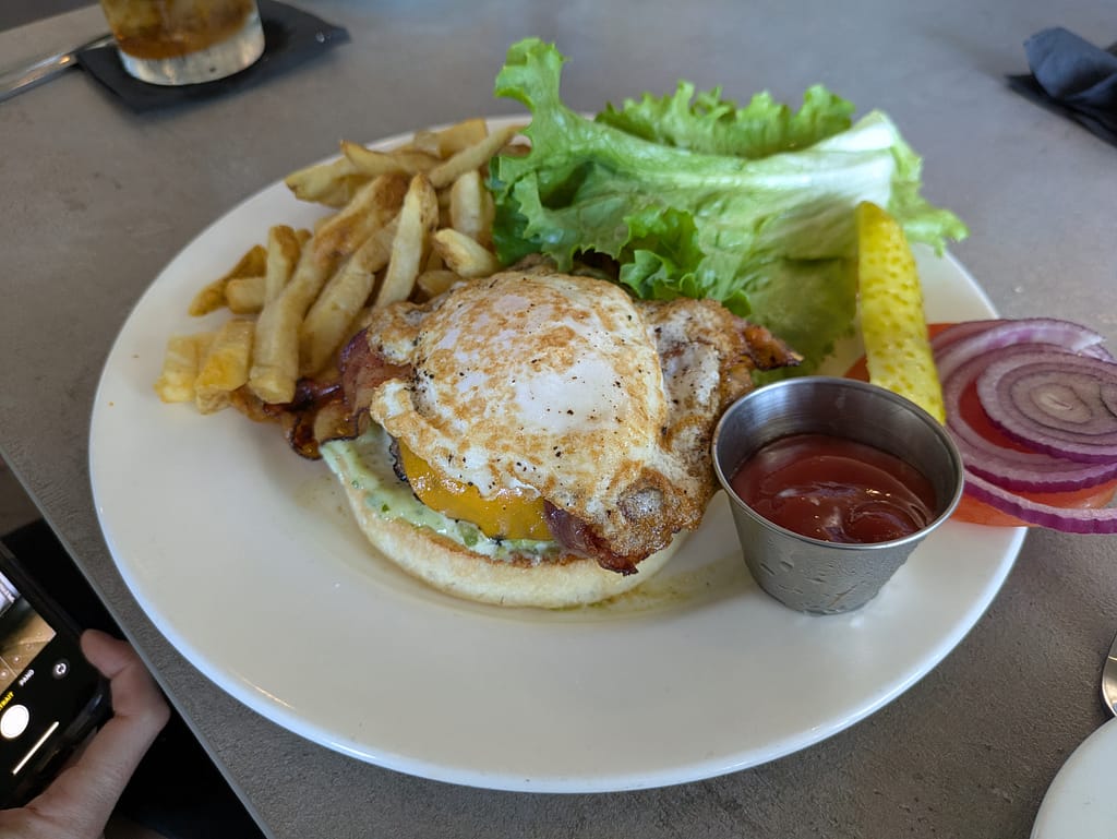 Burger with bacon and fried egg
