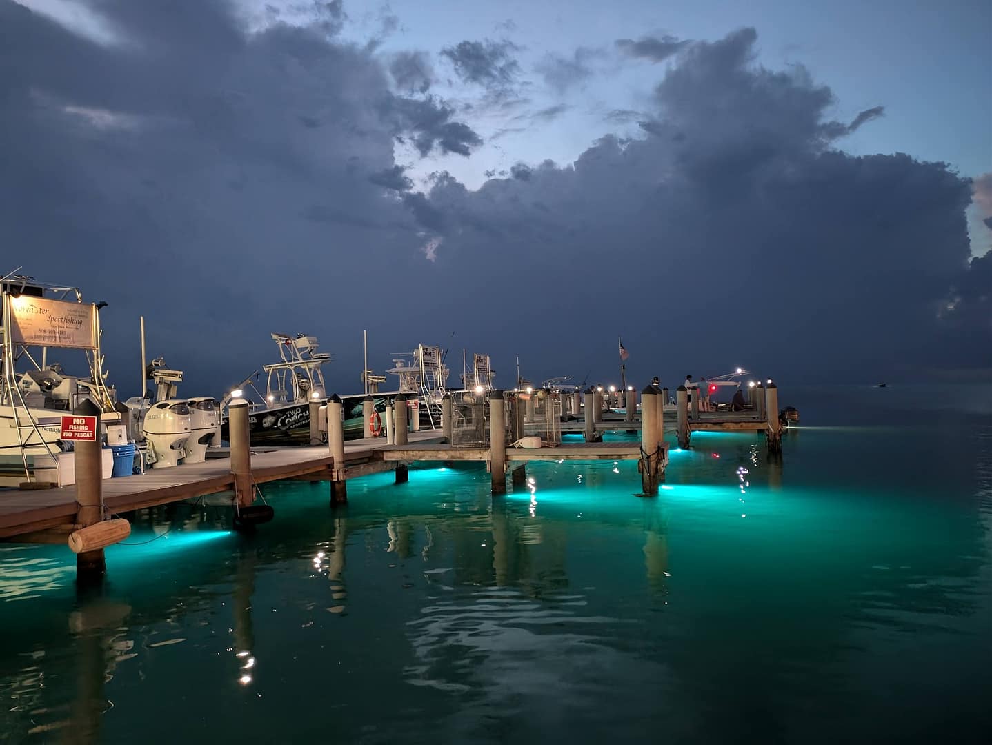 The Island Fish Company rotating multicolor lights under the docks.
