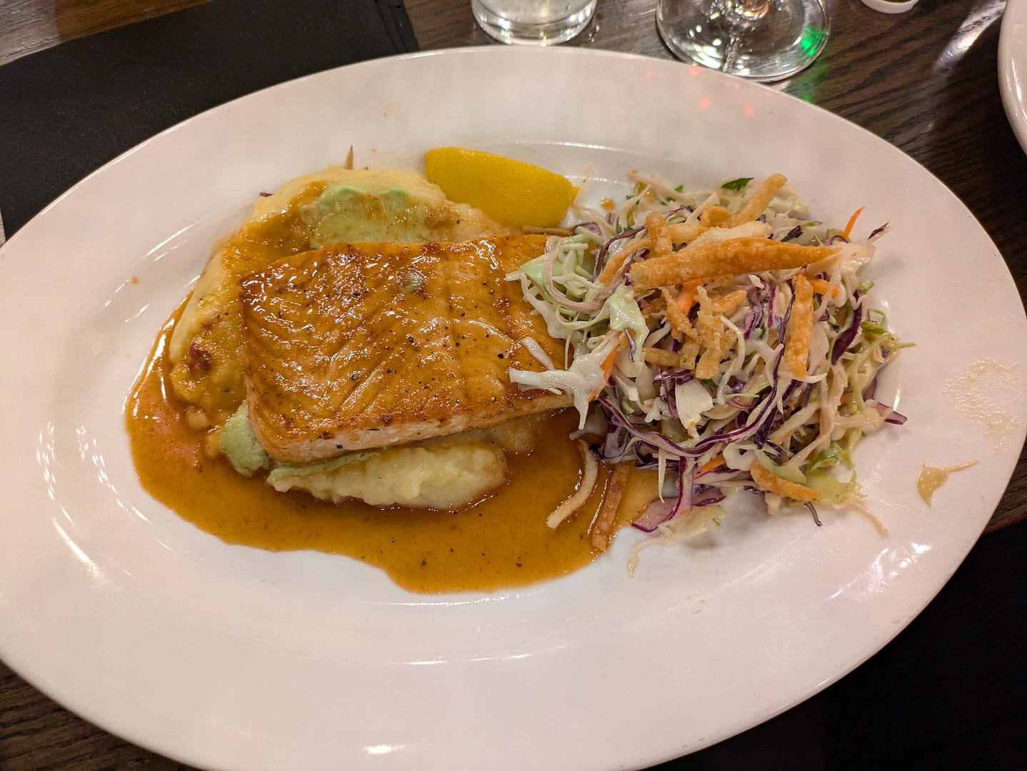 Salmon, wasabi mashed potatoes and coleslaw