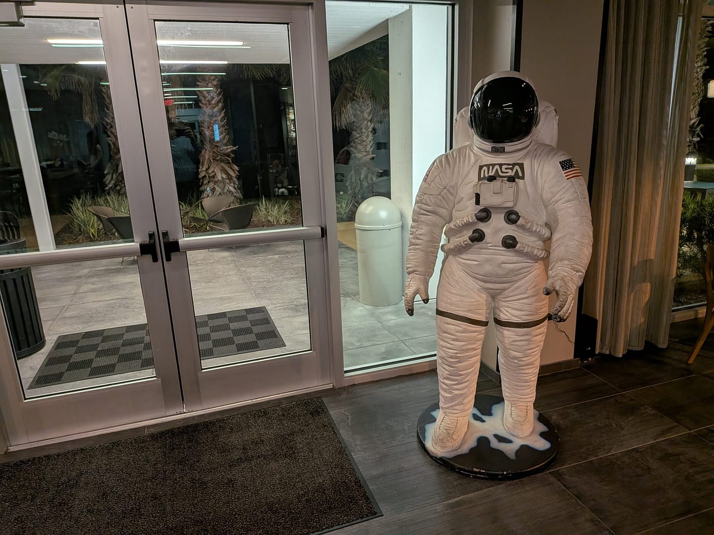 Astronaut suit statue on display in the hotel lobby