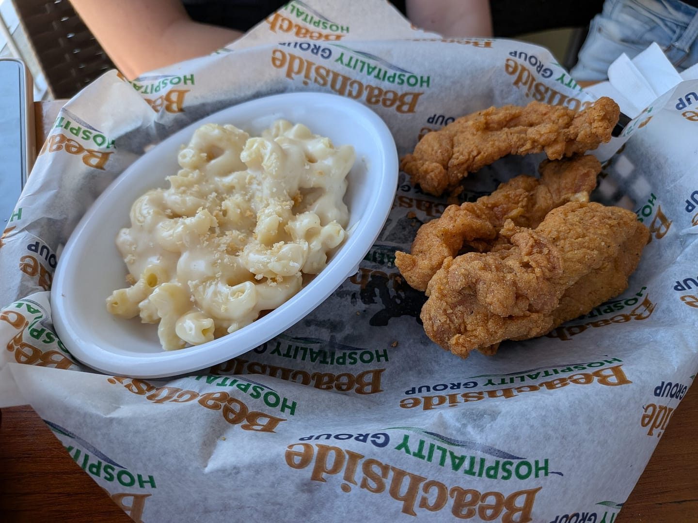 Chicken tenders with mac and cheese at Crabby's Bar and Grill