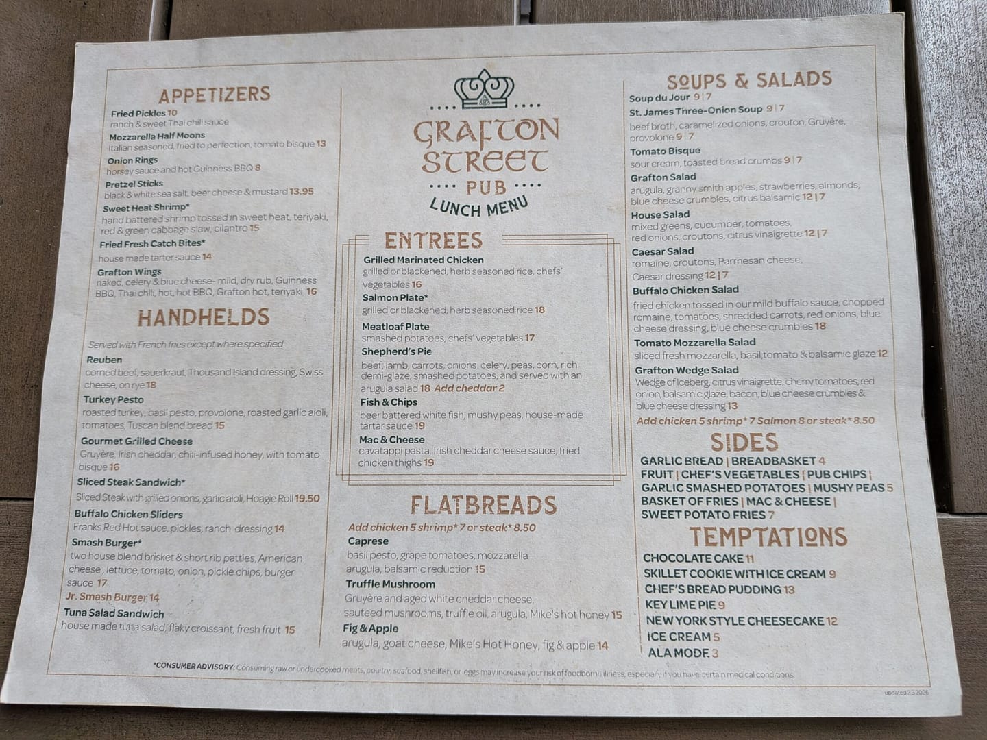 Lunch menu at Grafton Street Pub Lake Mary