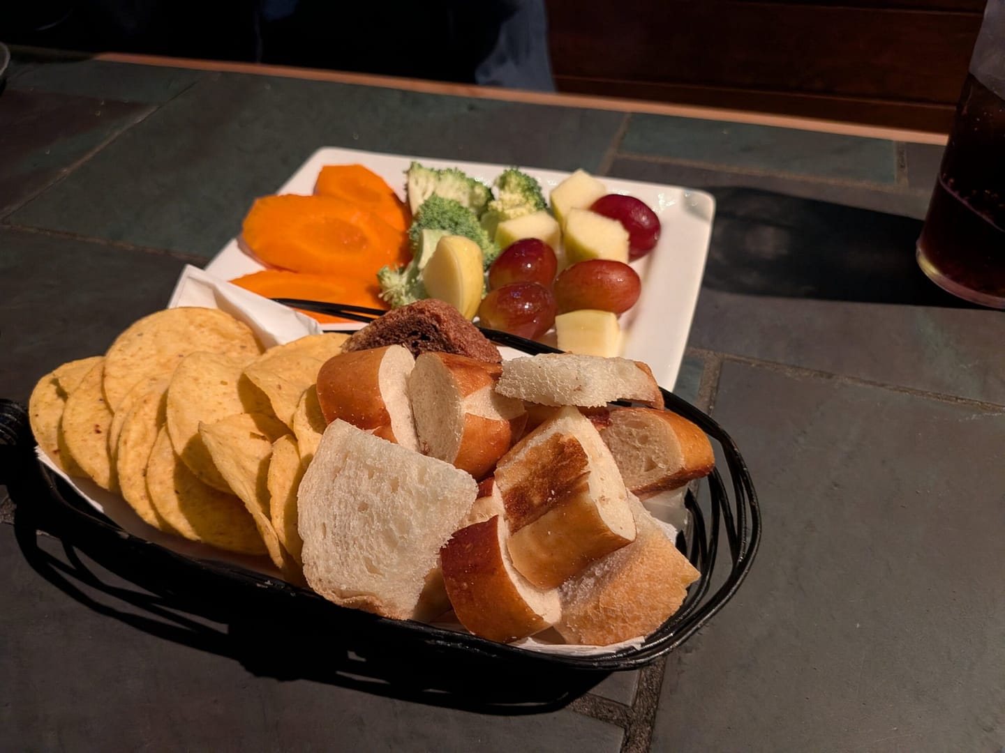 Bread basket and vegetable dippers at Colorado Fondue Company