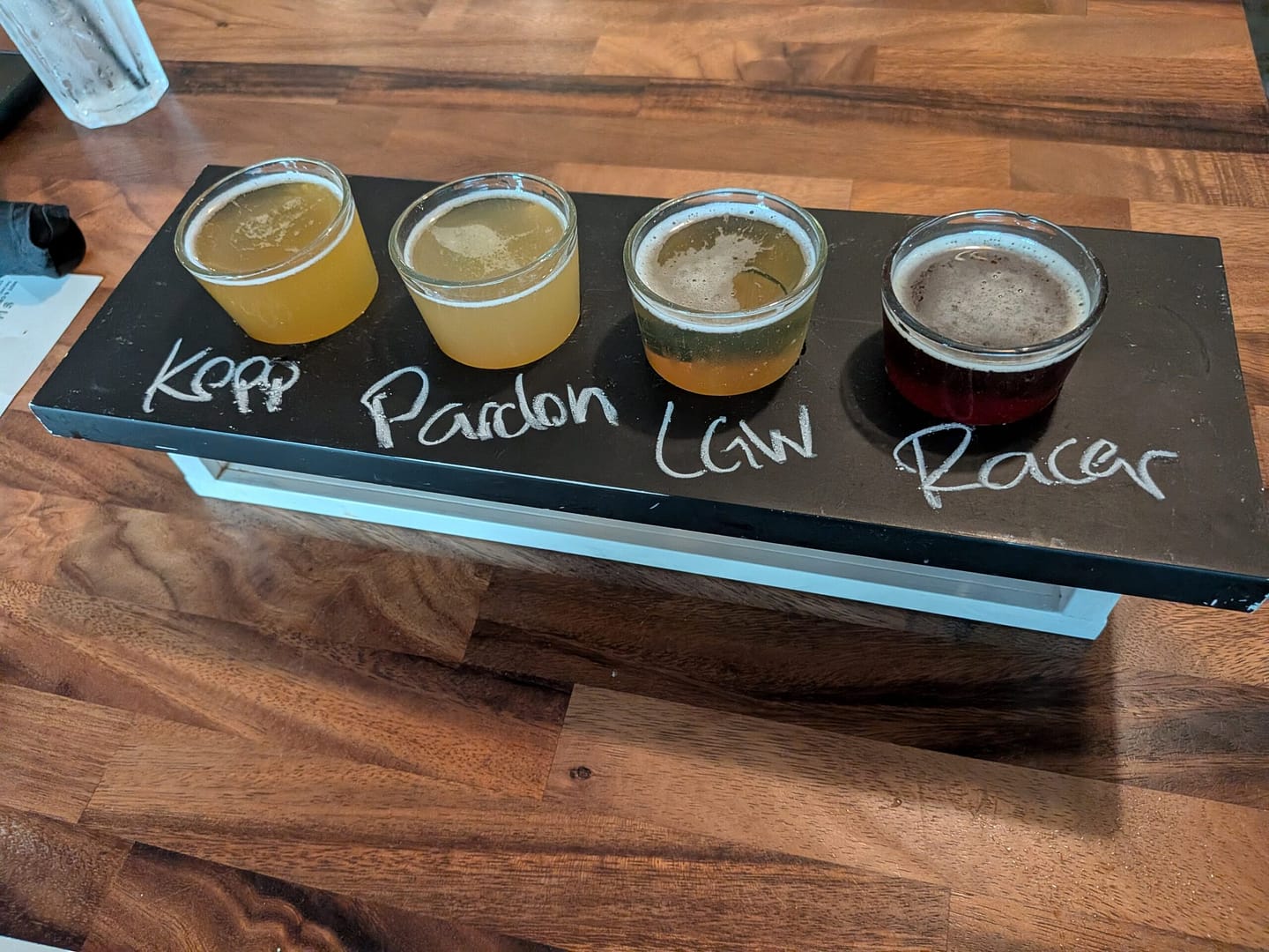 Beer flight at Runabout Brewing with four house-brewed pours