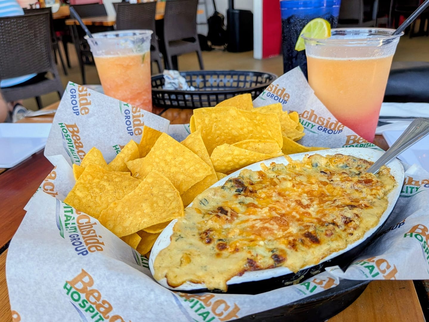 Baked artichoke dip with chips at Crabby's Bar and Grill