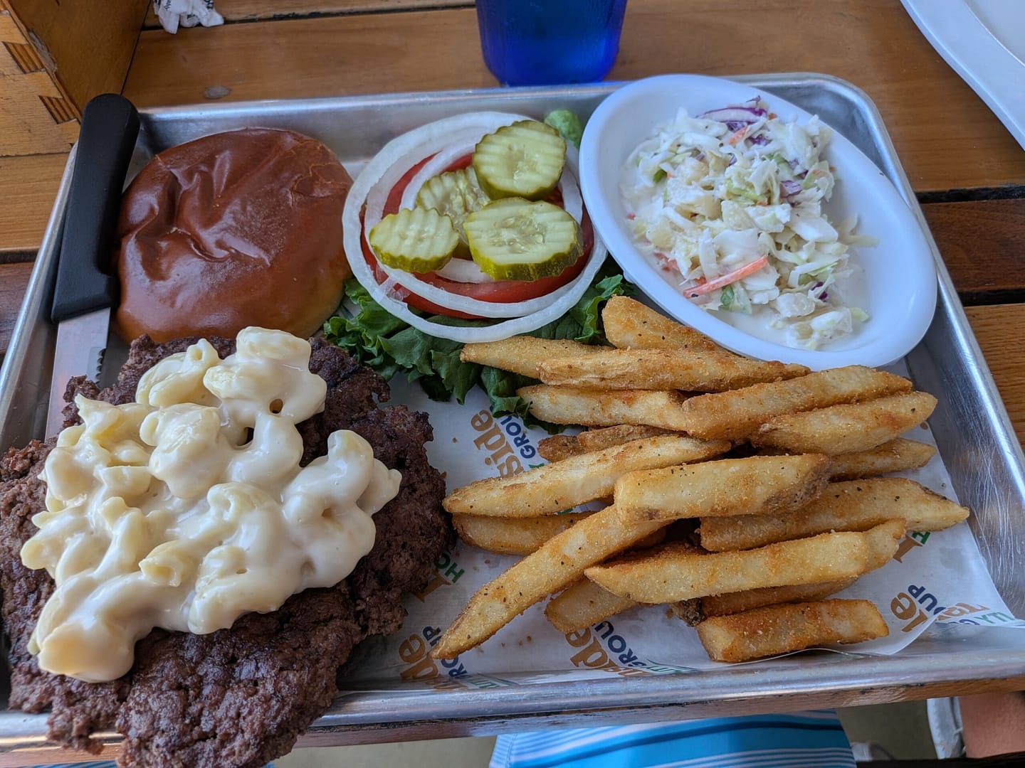 Mac and cheese smash burger with fries at Crabby's Bar and Grill