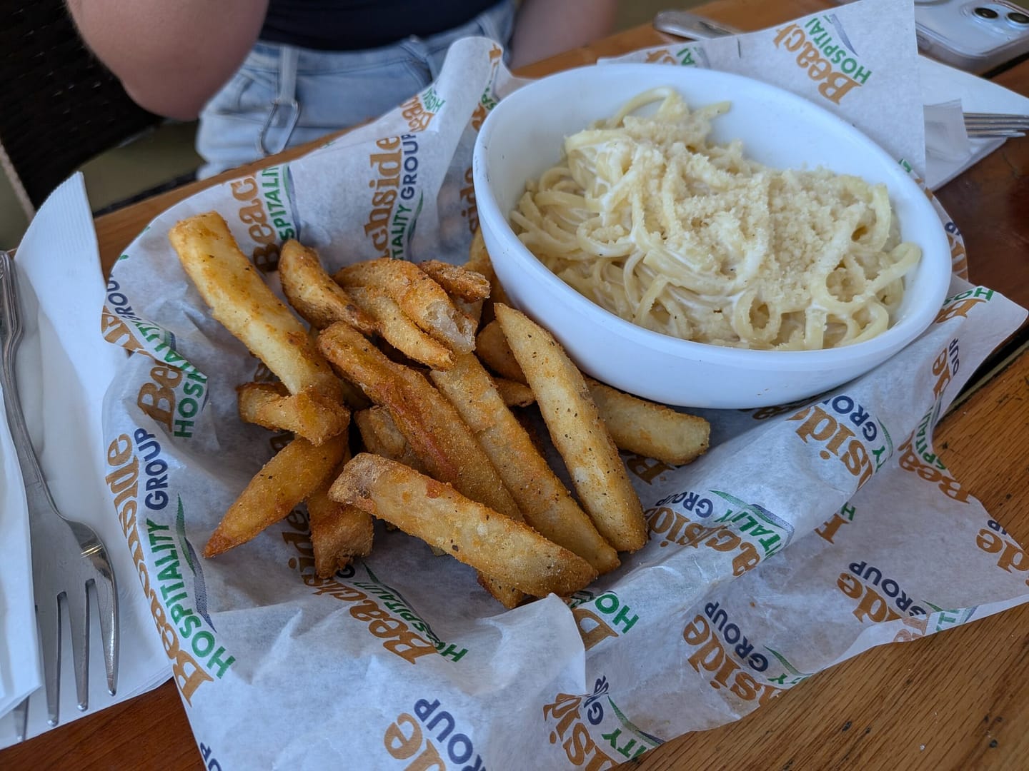 Kids fettuccine alfredo and fries at Crabby's Bar and Grill