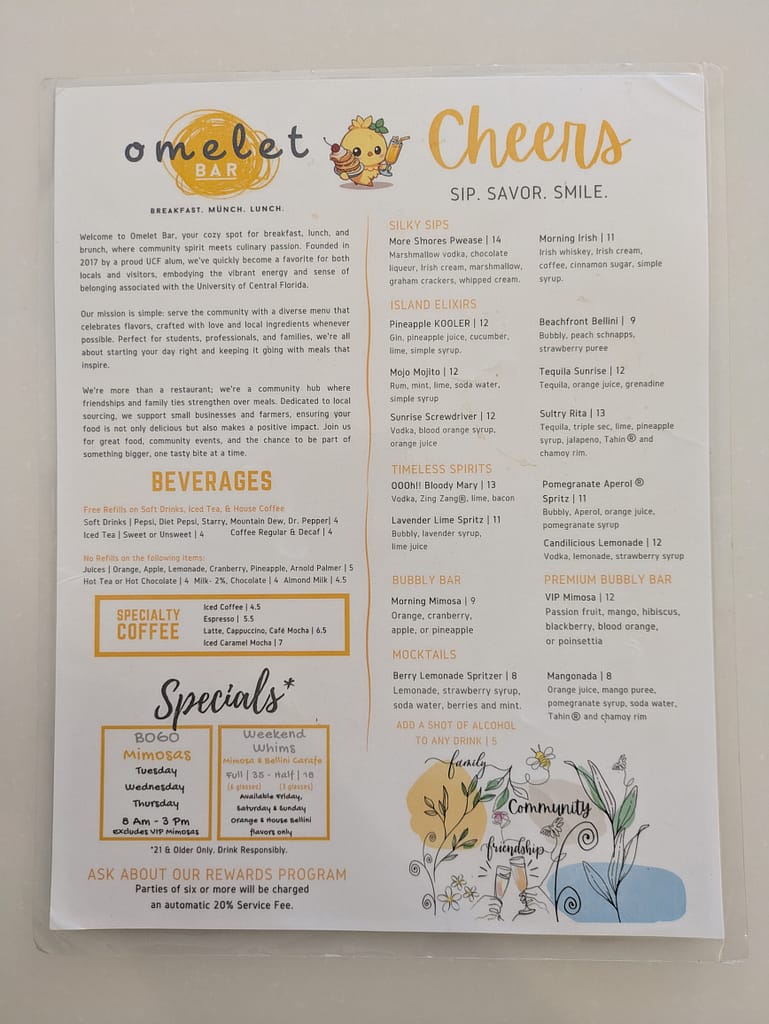 Omelet Bar Menu Page 1