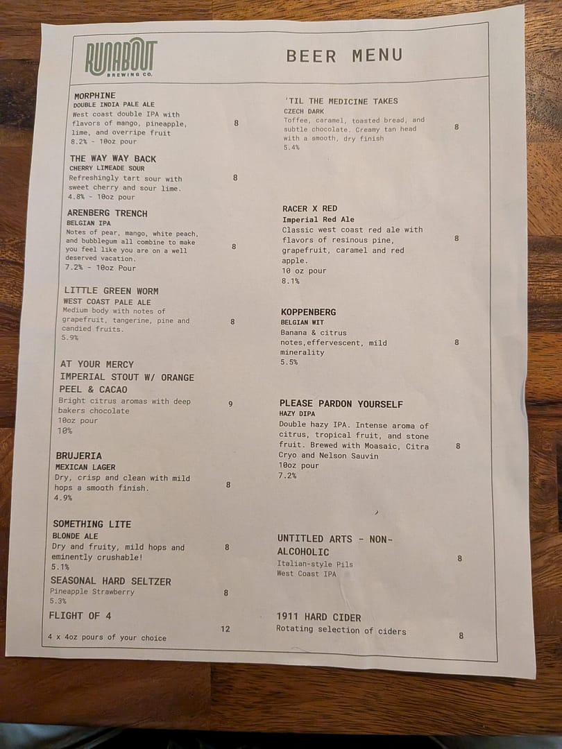 Beer menu at Runabout Brewing Orlando