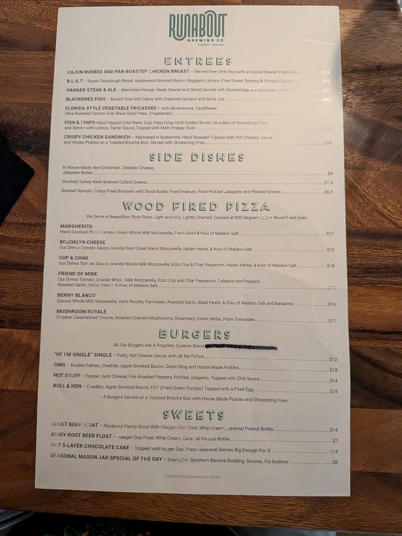 Food menu at Runabout Brewing Kitchen and Raw Bar